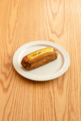 cheese sausage bread, meal, dessert. Topview.