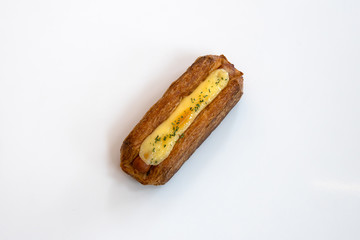 cheese sausage bread, meal, dessert. Topview.