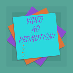 Conceptual hand writing showing Video Ad Promotion. Business photo showcasing help drive more views and subscribers to your channel Multiple Layer of Sheets Color Paper Cardboard with Shadow