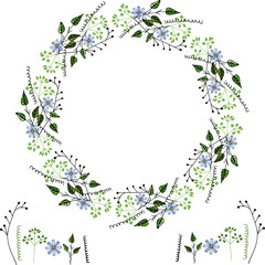 Vector round floral frame on white background. Botanical seamless patterns, floral and abstract flower cornflowers