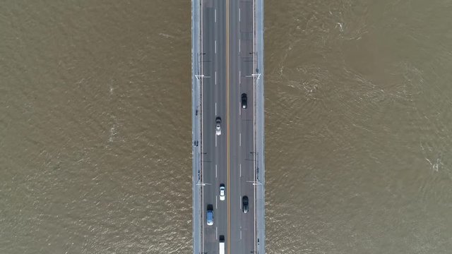 Abstract overhead drone shot of historic Wuhan Yangtze River Bridge in central China