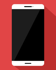 White smartphone on red background. Flat design with shadow effect.