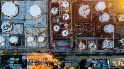 Aerial view of Oil and gas industry - refinery, Shot from drone of Oil refinery and Petrochemical...