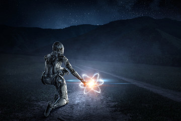 Fototapeta premium Cyborg silver woman sitting on one knee and smiling