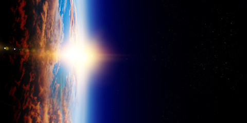 Sunrise on planet orbit, space beauty