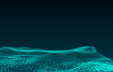 3d Rendering. digital wave of particles and wireframe. Futuristic illustration. Technology concept. Background for banner, flyer, book, cover, poster.