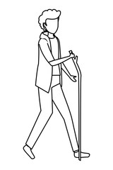 happy young man walking with wood stick