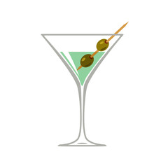 Martini cocktail with olives on white background