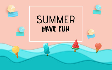 Top view blue sea paper waves and beach sale advertising design.