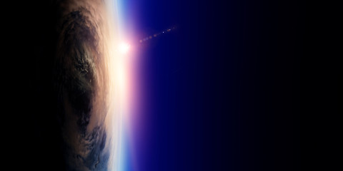 Sunrise on planet orbit, space beauty