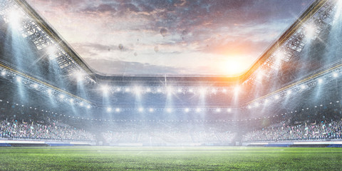 Football stadium background with flying ball