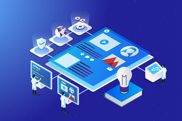 Fototapeta premium web development isometric creative illustration vector of graphic , small people in web development isometric illustration vector , vector web development isometric for website landing page