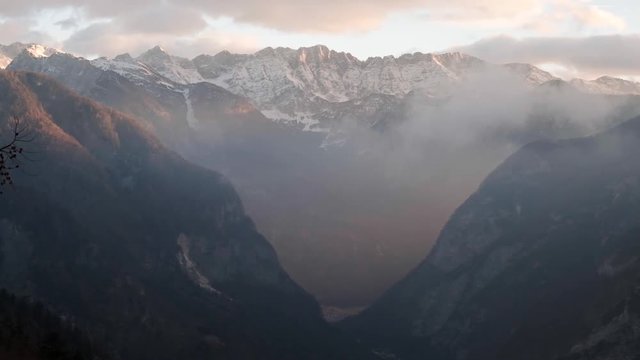 Driving and looking over the highest mountain pass in Slovenia of Vrsic. Triglav National Park, Julian Alps, Slovenia Trenta Valley