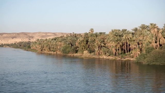 Cruise on the Nile River in Egypt on a cruise ship with a view of the palm trees at sunset