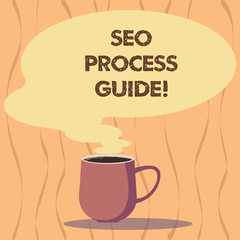 Text sign showing Seo Process Guide. Conceptual photo set actions improve online visibility website in engines Mug photo Cup of Hot Coffee with Blank Color Speech Bubble as Steam icon