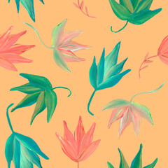 leaves drawn with acrylic of pink and green colors on a light brown background