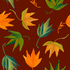 leaves drawn with green and orange acrylic on a dark brown background