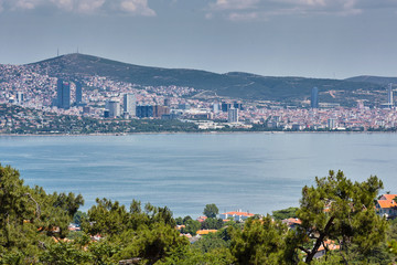 Fototapeta na wymiar View of the metropolis through nature. Buyukada, Princes' Islands, Istanbul.