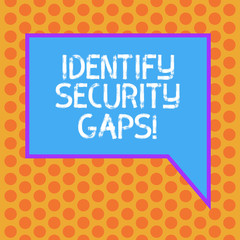 Writing note showing Identify Security Gaps. Business photo showcasing determine whether the controls in place are enough Blank Rectangular Color Speech Bubble with Border photo Right Hand