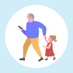 man using cellphone while walking with little child daughter want attention from father smartphone addiction concept flat full length