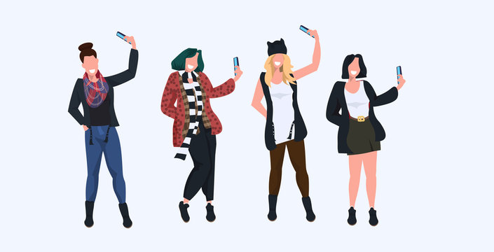 women taking selfie photo on smartphone camera casual female cartoon characters photographing in different poses white background flat full length horizontal