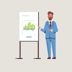 businessman presenting financial graph on flip chart board business man at seminar making presentation concept male speaker on conference meting flat full length