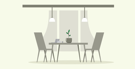 modern office interior creative co-working workplace table with chairs empty no people cabinet sketch doodle horizontal