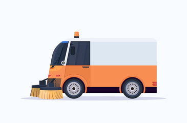 modern street sweeper truck industrial vehicle cleaning machine urban road service concept flat
