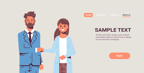 businesspeople man woman handshaking business partners couple hand shake during meeting agreement partnership concept flat portrait copy space horizontal