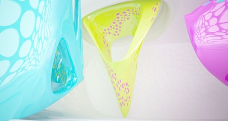 Abstract dynamic interior with black and colored  smooth objects. 3D illustration and rendering