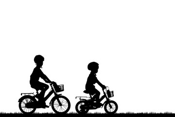 Silhouette  boy  and bike relaxing on white background