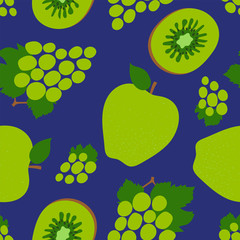 Grapes, kiwi and apple seamless pattern. Green sweet fruits. Fashion design. Food print for dress, textile, curtain or linens. Hand drawn vector sketch background. Vegan menu