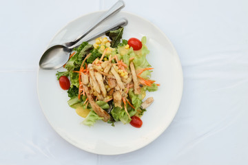 Chicken Salad on white disk at white background