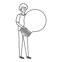 young man lifting bulb light
