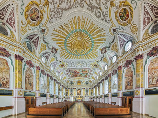 Interior of Burgersaal Church (Burgersaalkirche) in Munich, Germany. The Burgersaal was built in...