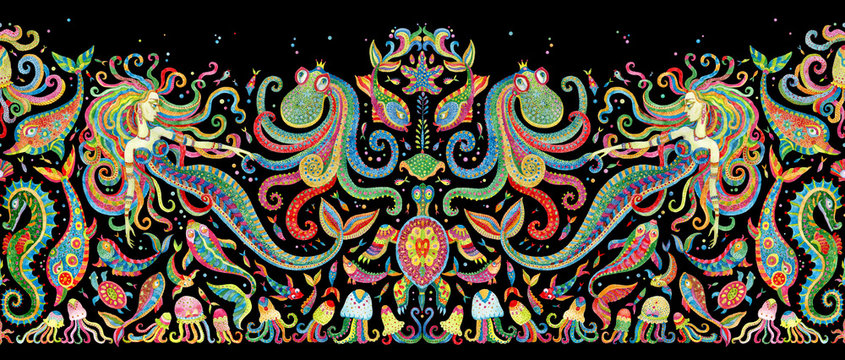 Seamless border pattern of colorful hand painted fairy tale sea animals and mermaid. Watercolor fantasy fish, octopus, sea shells, bubbles on a black background. Batik fringe, textile print
