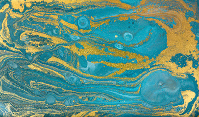 Blue marbling pattern. Golden marble liquid texture.