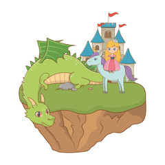 Medieval princess unicorn and dragon of fairytale design vector illustration