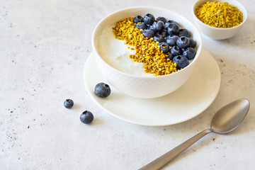 Fototapeta na wymiar Bowl of greek yogurt, bee pollen and fresh berries on white stone background