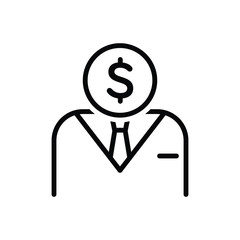 Black line icon for businessman with dollar coin