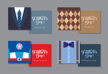 Happy Father's Day printable template for label, tag or greeting card. Set of men fashion or clothes (suit, tie, sweater, bow tie & suspenders) in flat vector design.