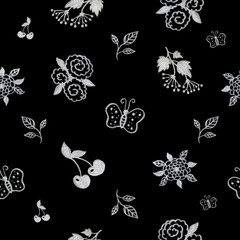  seamless pattern with black and white summer pattern of flowers, berries and insects