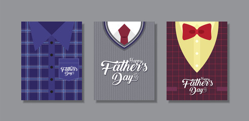 Happy Father's Day greeting card template design. Set of men fashion (shirt, sweater, tie, bow tie & vest) in flat vector design.