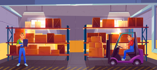 Logistics, warehouse interior with worker driving forklift and inspector checking list of delivered cargo, delivery, goods postal service. Storehouse with racks of boxes. Cartoon vector illustration.