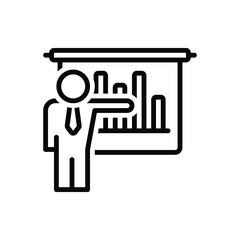 Black line icon for businessman presenting bars graphic
