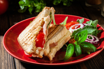 Toasted panini with ham, cheese and tomato sandwich