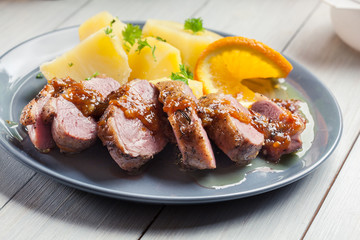 Roast duck breast with orange sauce