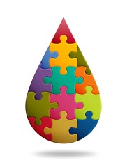 Jigsaw puzzle background with many colorful pieces. Abstract mosaic template. Drop shape