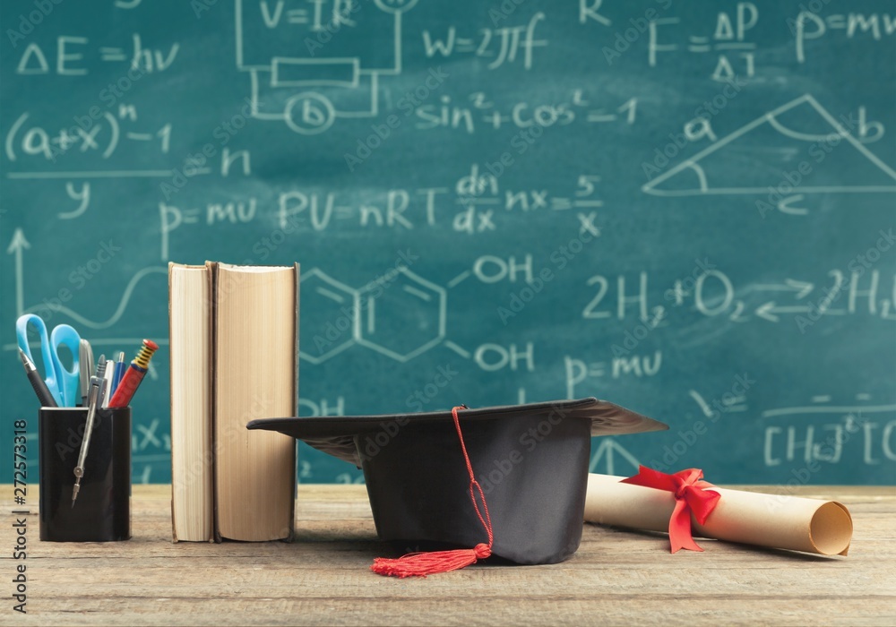 Wall mural molecule models and formulas on blackboard background
