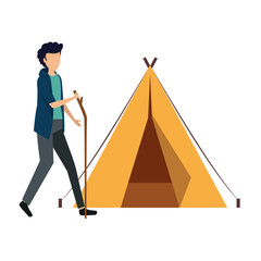 tent camping with young man walking